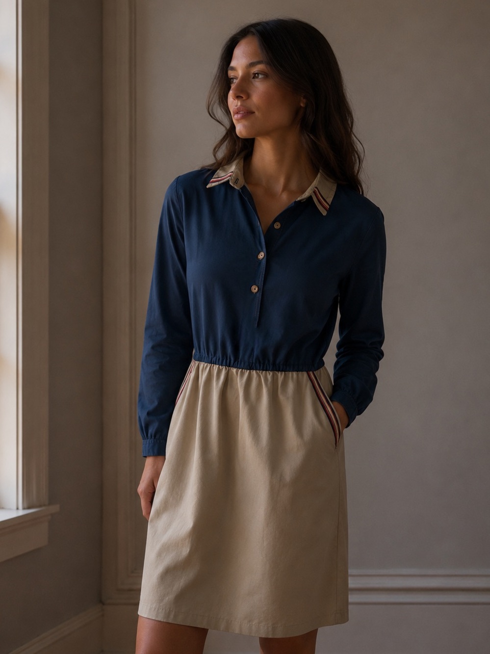 Vintage EJM Ltd Blue & Tan Retro Striped Pocket Collar Trim Preppy Shirt Dress